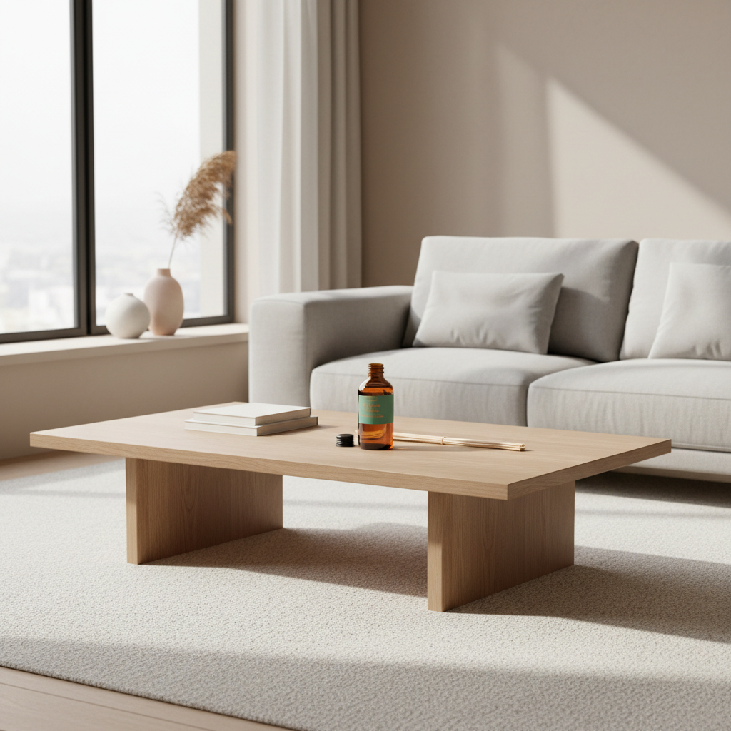 A minimalist light wood coffee table in a bright, modern living room with a light gray sofa, a textured rug, and a large window.