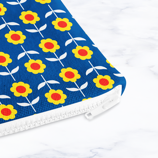 Retro Blue and Yellow Floral Make Up Bag