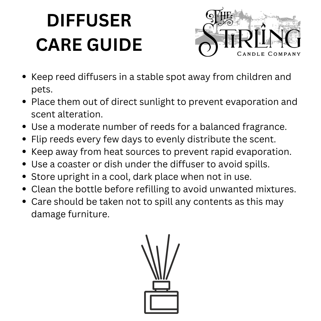 Diffuser care guide from The Stirling Candle Company on a white background
