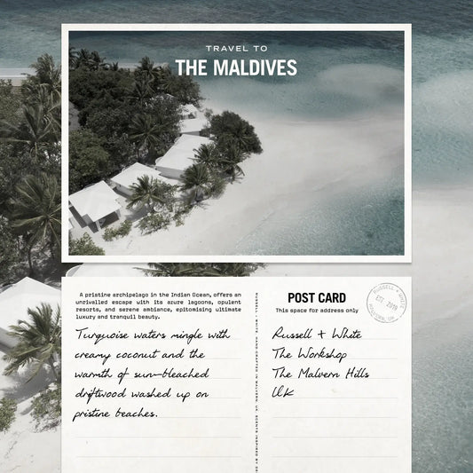 Postcard advertisement for travel to the Maldives with tropical scenery.