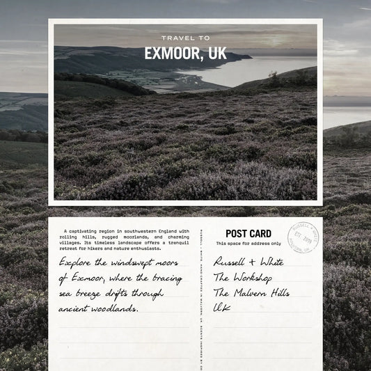 Promotional postcard for Exmoor, UK with scenic landscape and text.