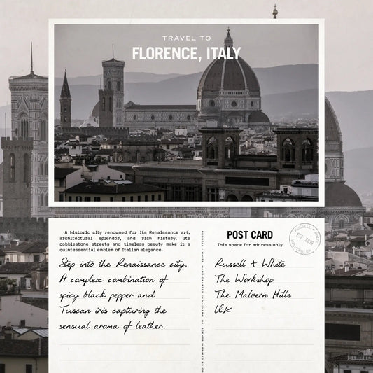 Black and white postcard of Florence, Italy with text and a stamp.