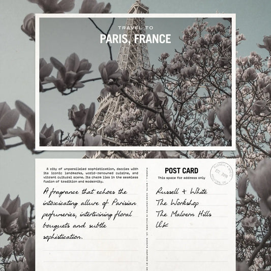 Postcard design with Eiffel Tower and floral elements, featuring travel text to Paris, France.