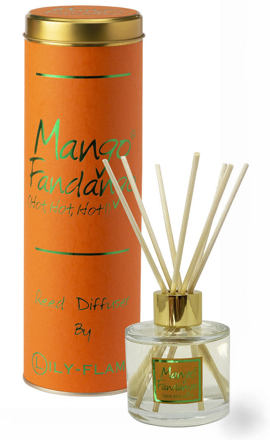 Mango Fandango reed diffuser set by Oily Flame, featuring an orange cylindrical tin with a gold lid and a clear glass bottle with natural reed sticks in a gold cap, on a white background.