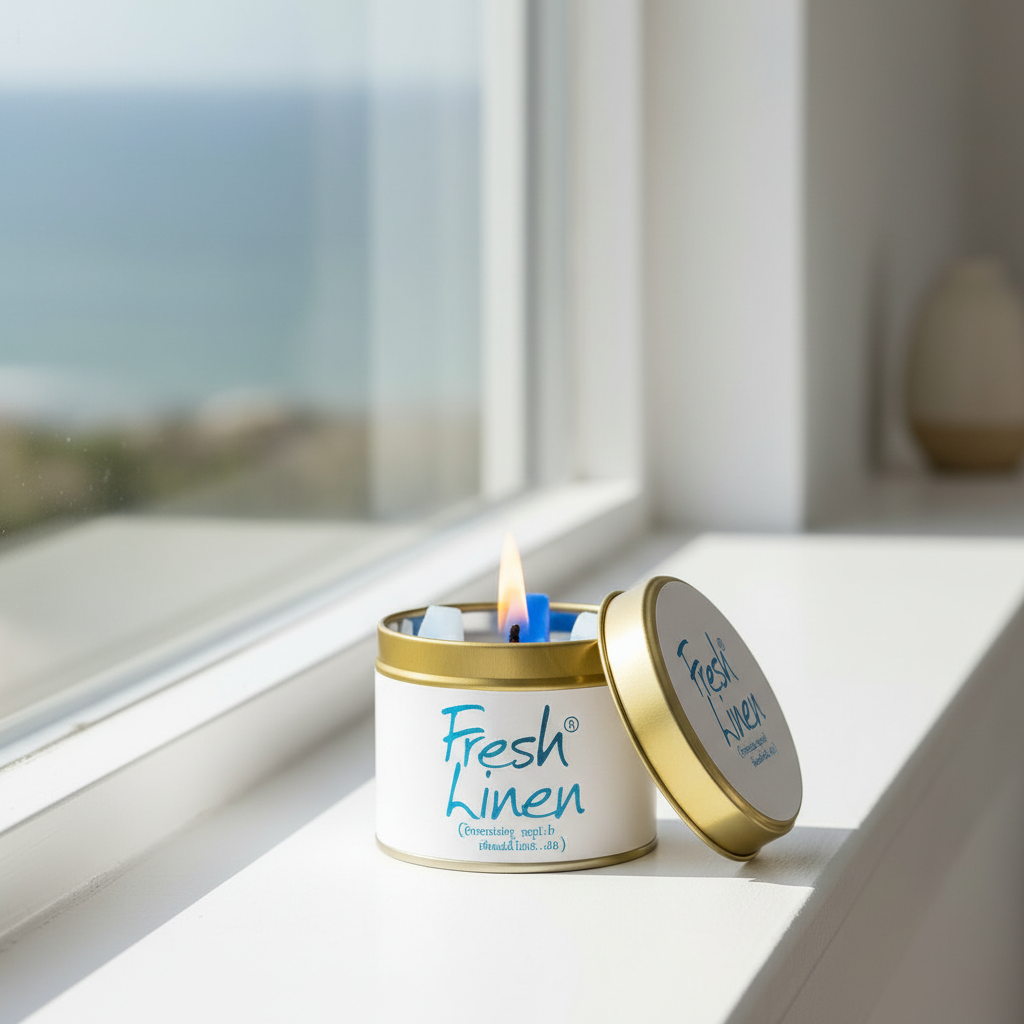 A small white tin candle with a gold lid sits open on a sunlit windowsill, with a flame lit and a blurred ocean view in the background. The label reads Fresh linen.
