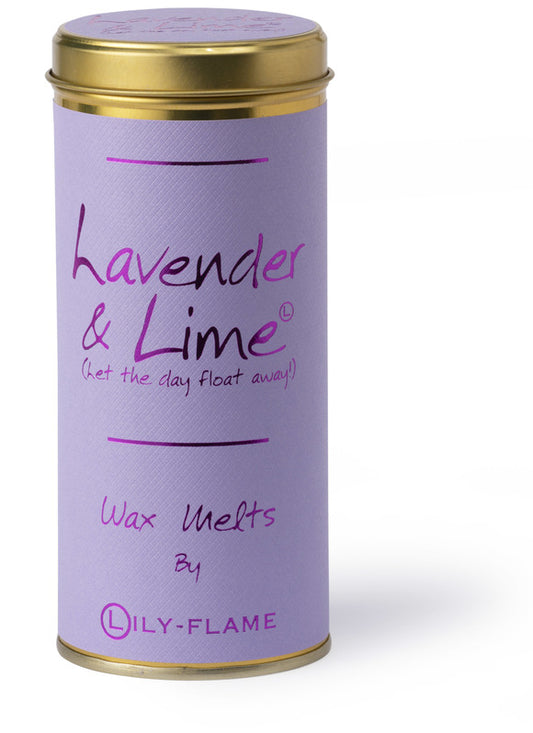 A lavender wax melt tin by Lily-Flame, featuring a light purple cylindrical container with a metallic gold lid and base, and purple text reading 'lavender & Lime' and 'Wax Melts By LILY-FLAME'.