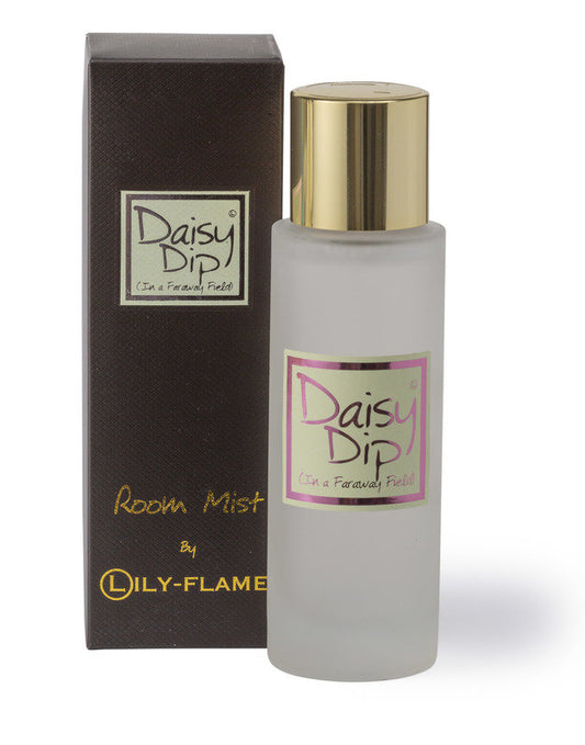 Daisy Dip room mist bottle with gold cap and packaging on a white background