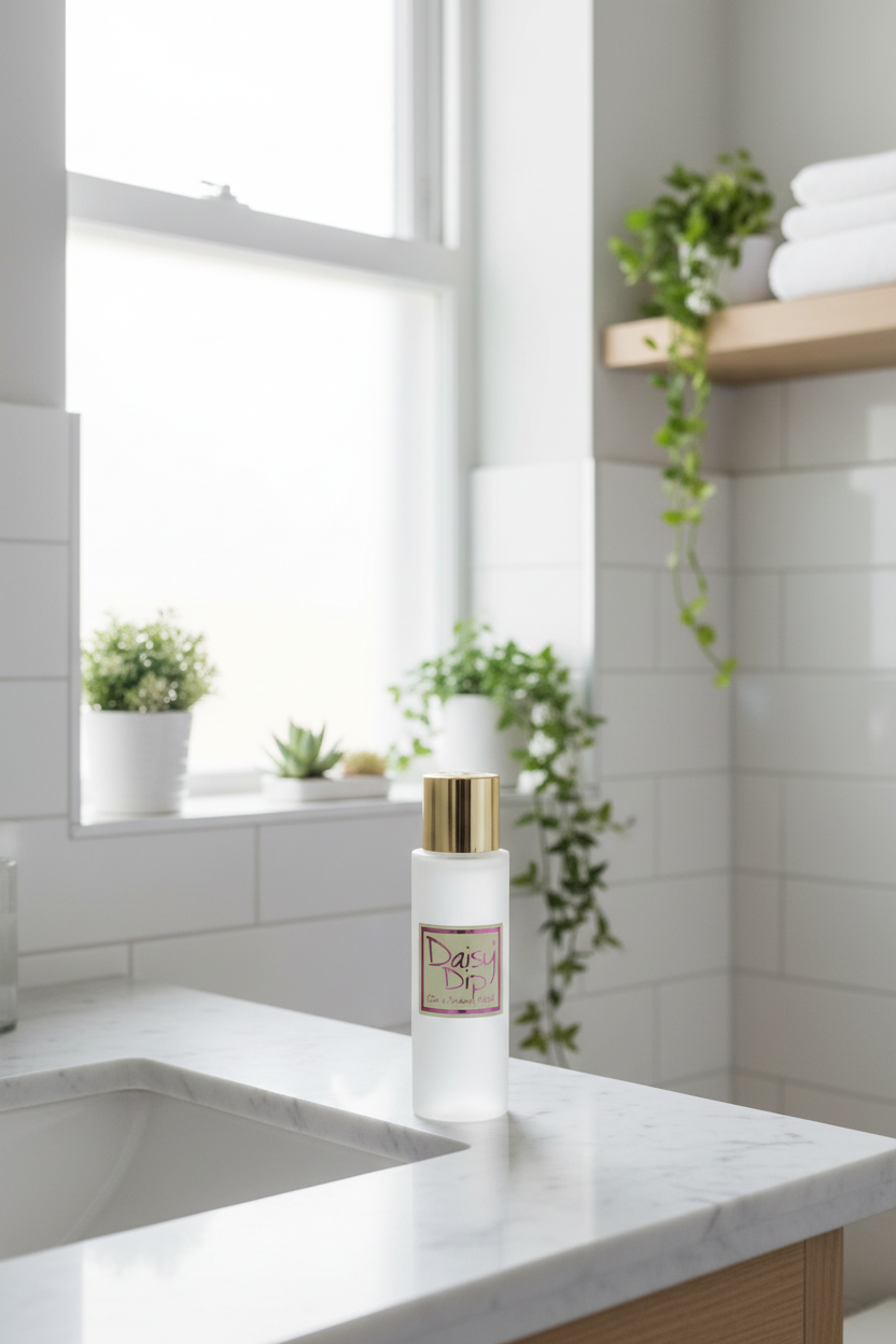 A frosted glass bottle with a gold pump and a decorative label reading 'Dawn Soap' sits on a white marble bathroom countertop near a sink, with a bright tiled bathroom and potted plants in the background.