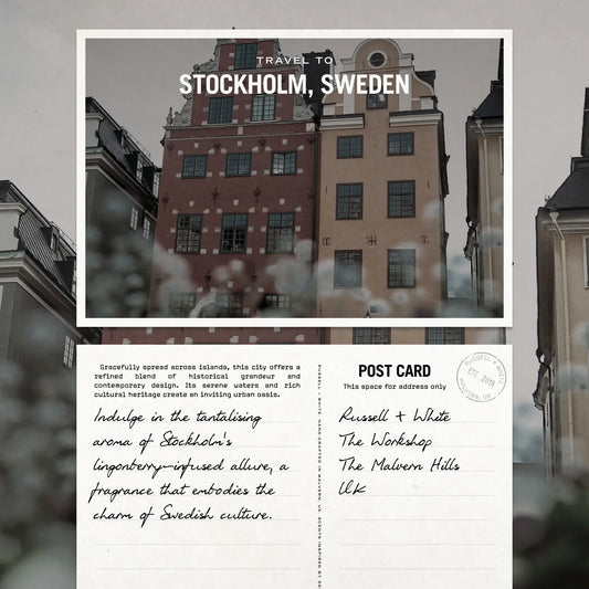 Travel postcard to Stockholm, Sweden with architectural view and text.