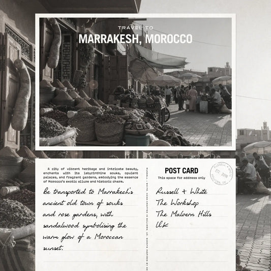Travel postcard to Marrakesh, Morocco with market scene and black and white design.