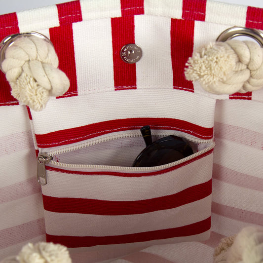 Breton Stripe Canvas Beach Bag in Red by Nauticalia