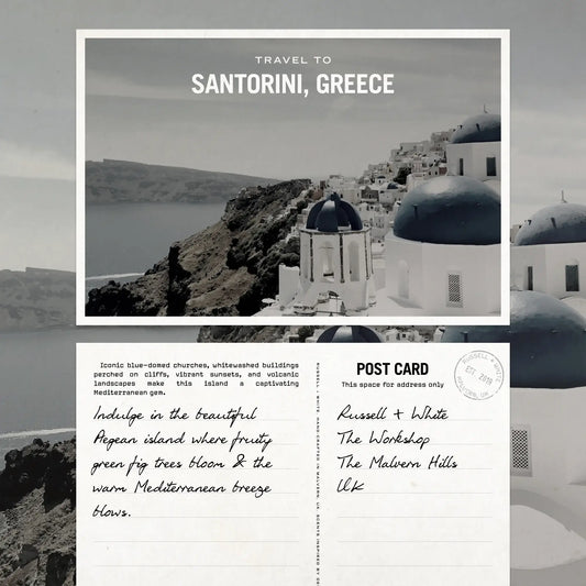 Santorini, Greece travel postcard with scenic view and text.