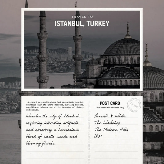 Travel postcard to Istanbul, Turkey with architectural landmarks and text.