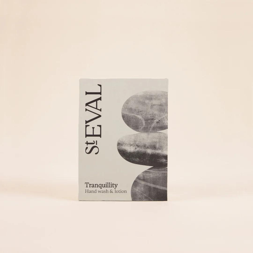 St. Eval Tranquillity hand wash & lotion packaging on a beige background