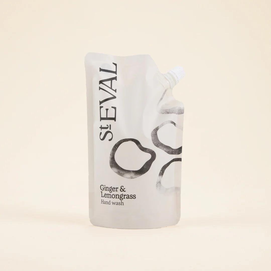 St. Eval Ginger & Lemongrass hand wash bottle on a beige background