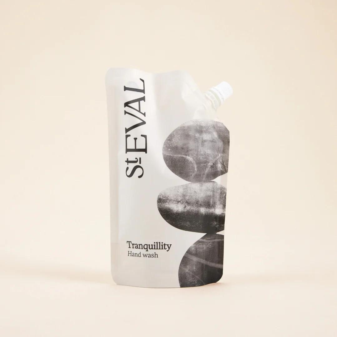 St. Eval Tranquillity hand wash bottle on a beige background