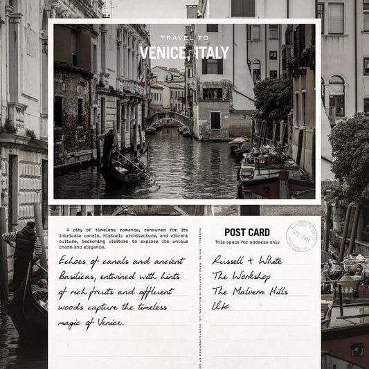 Travel postcard design with a scenic view of Venice, Italy, featuring a canal and gondola.