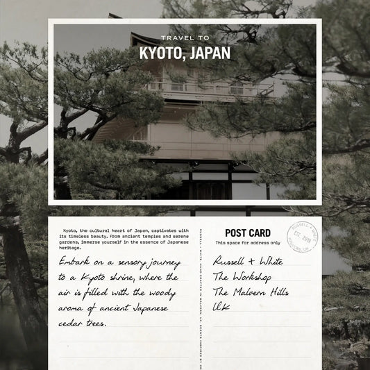 Promotional postcard for travel to Kyoto, Japan with a traditional Japanese building and trees.