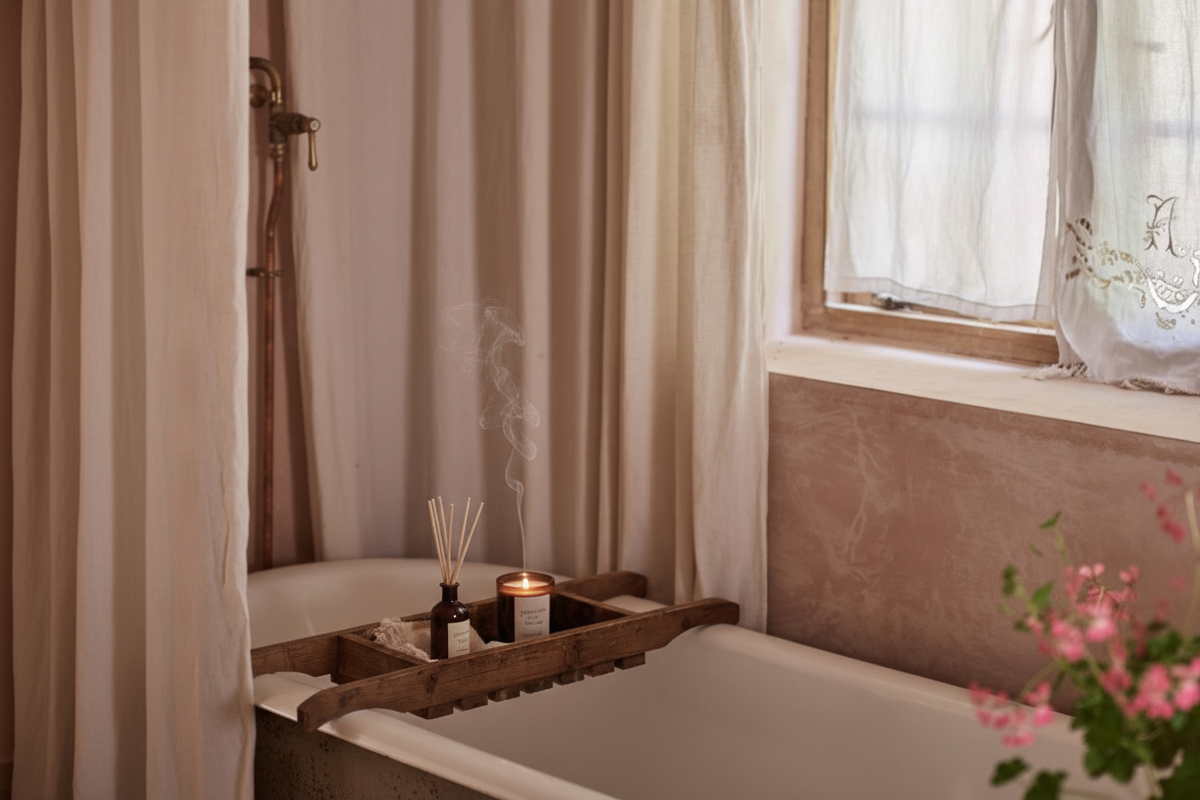 A bathroom scene with beige curtains hanging over a bathtub, a window with white lace curtains, and a small wooden tray on the tub with candles and a reed diffuser. Pink flowers appear in the lower right corner.