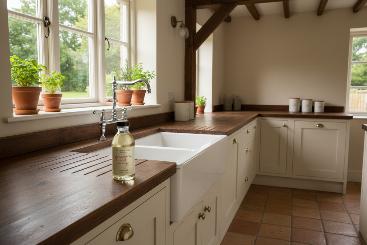 A farmhouse-style kitchen with white cabinets, dark wood countertops, a large white apron-front sink, and a bottle of fragrance oil on the counter. The room has exposed wooden beams, terracotta tile flooring, and potted green plants by the windows.