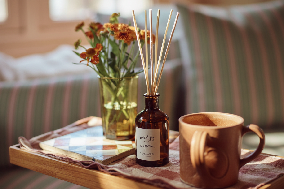 An amber glass reed diffuser bottle with wooden reeds stands on a wooden tray beside a ceramic mug, a glass vase with orange flowers, and a checkered cloth in a cozy indoor setting.