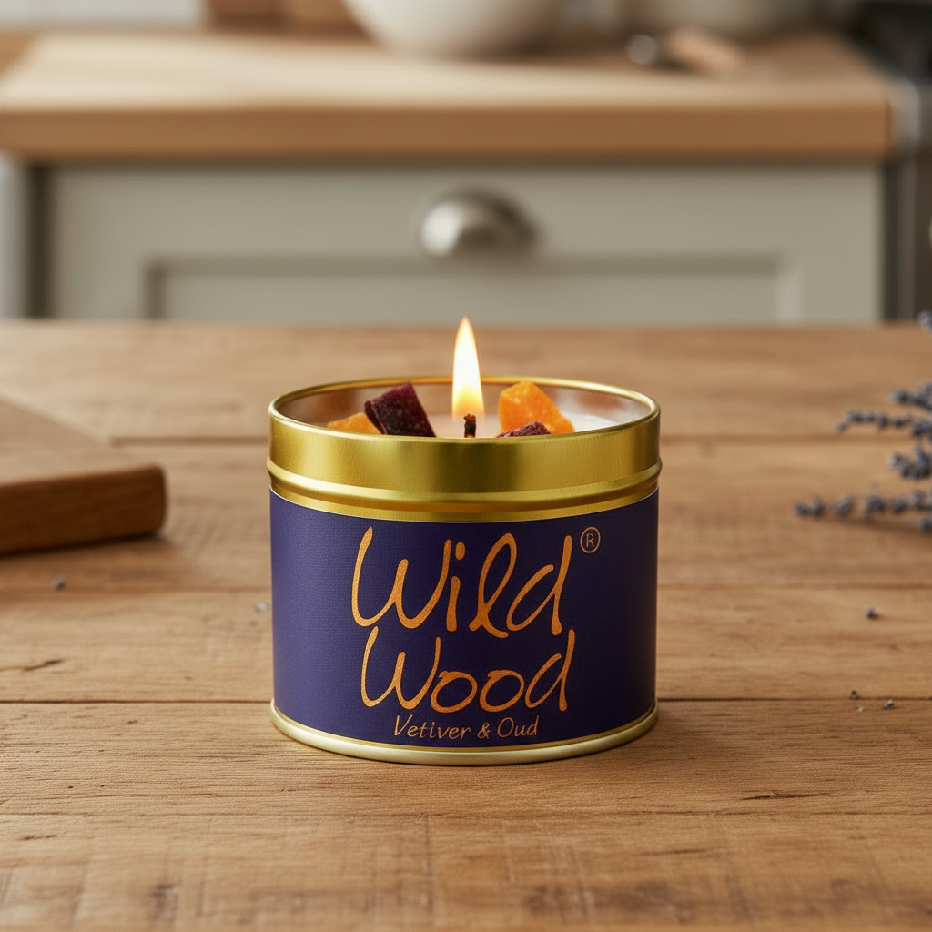 A lit candle in a gold metal tin sits on a white marble countertop with a blurred kitchen background. The label reads 'Fairy Dust' with pink fairy illustrations, and the lid leans against the side of the tin.