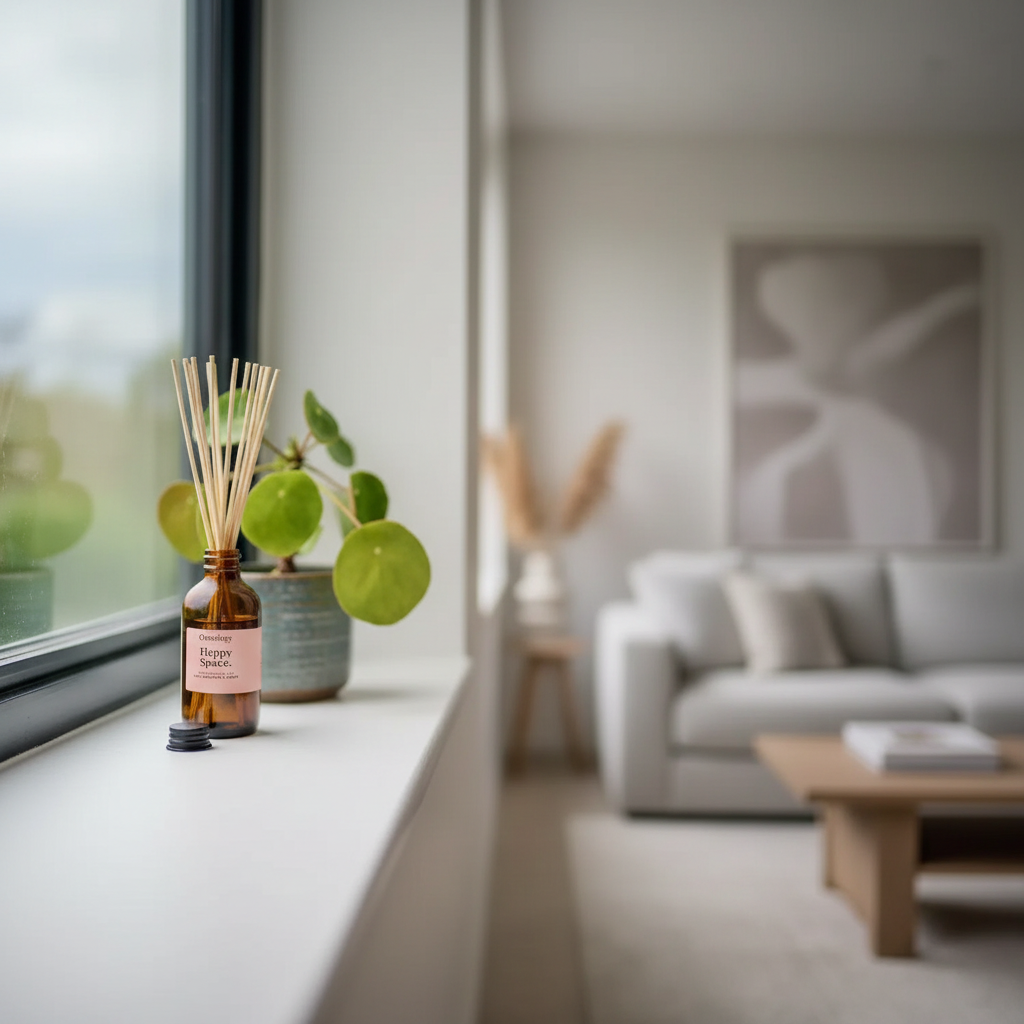 A reed diffuser bottle with wooden reeds and a pink label sits on a white windowsill in a modern, softly blurred living room.