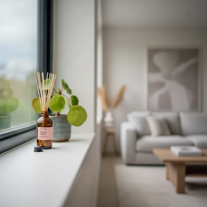 A reed diffuser bottle with wooden reeds and a pink label sits on a white windowsill in a modern, softly blurred living room.