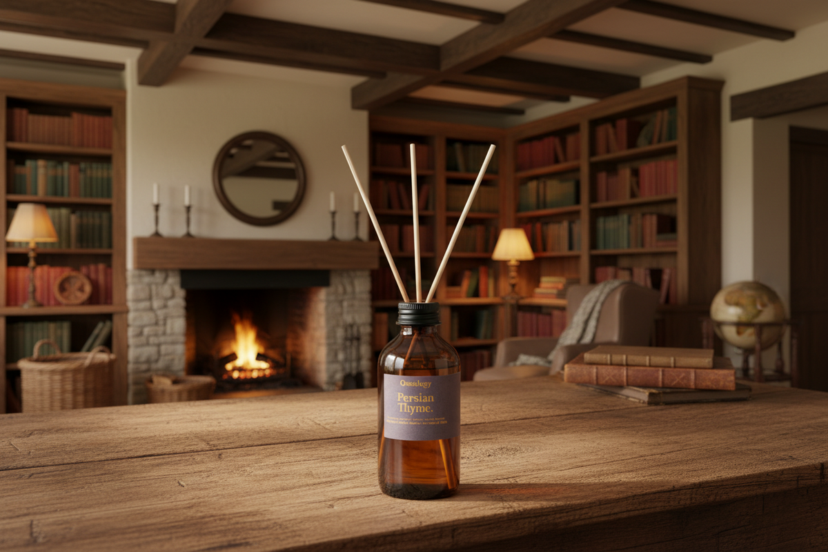 Amber glass reed diffuser bottle with three natural reed sticks, placed on a wooden table in a cozy, warmly lit library or study with bookshelves and a fireplace in the background.