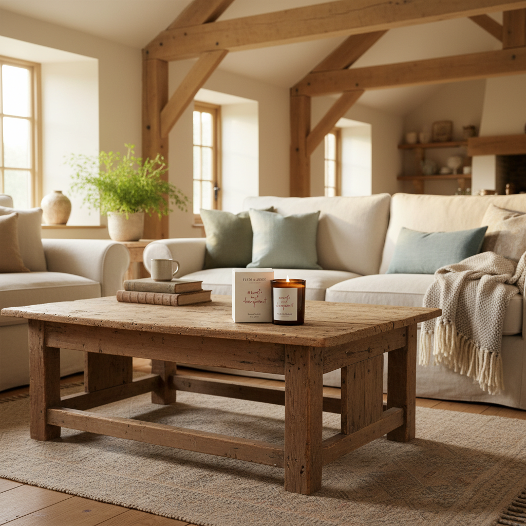 A rustic wooden coffee table in a bright, modern farmhouse-style living room with a cream sofa, green and blue pillows, and a cozy throw blanket.