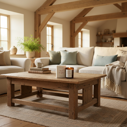 A rustic wooden coffee table in a bright, modern farmhouse-style living room with a cream sofa, green and blue pillows, and a cozy throw blanket.