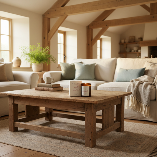 A rustic wooden coffee table in a bright, modern farmhouse-style living room with a cream sofa, green and blue pillows, and a cozy throw blanket.