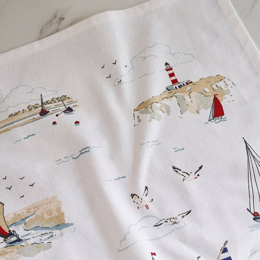 Coastal Boats Scene Tea Towel