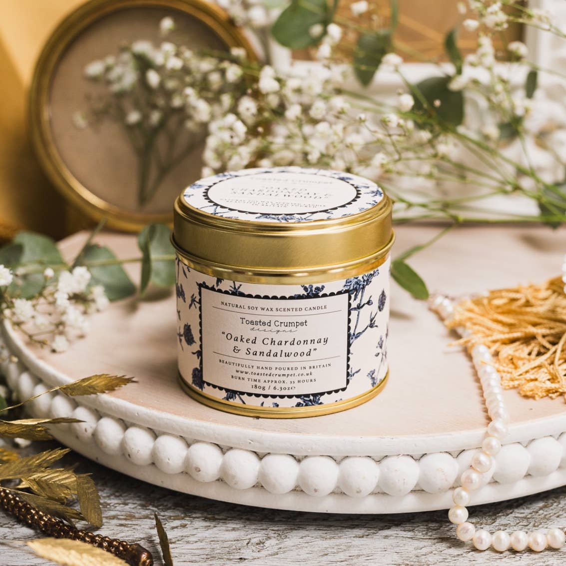Oaked Chardonnay & Sandalwood Candle in a Matt Gold Tin