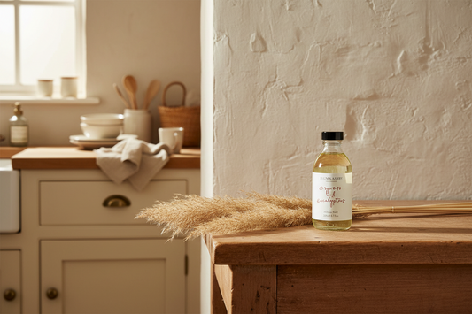 A small glass bottle of fragrance oil with a black cap and white label, placed on a rustic wooden table in a warm, softly lit kitchen setting.