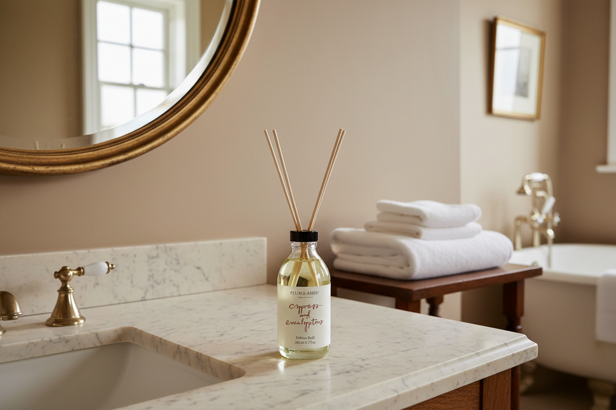 A reed diffuser bottle with a black cap and natural reeds sits on a marble bathroom vanity. The background shows a softly blurred warm beige bathroom with a gold-framed mirror, folded white towels on a wooden table, and a bathtub.