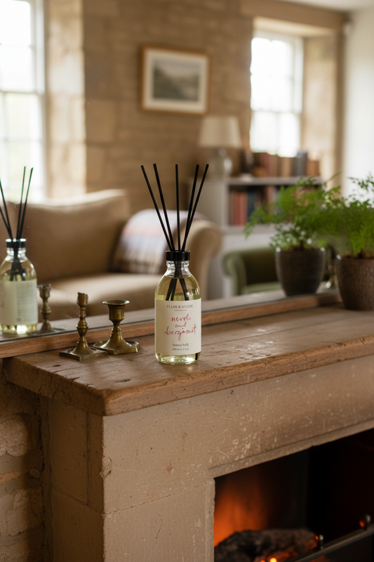 A reed diffuser bottle with black reeds and a cream label sits on a rustic wooden mantelpiece in a cozy living room setting with a fireplace, sofa, and potted plants in the background.