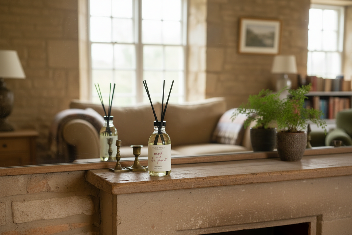 Two reed diffusers with black reeds in clear glass bottles sit on a wooden mantelpiece in a cozy, softly lit living room with stone walls, a sofa, lamps, and potted plants.