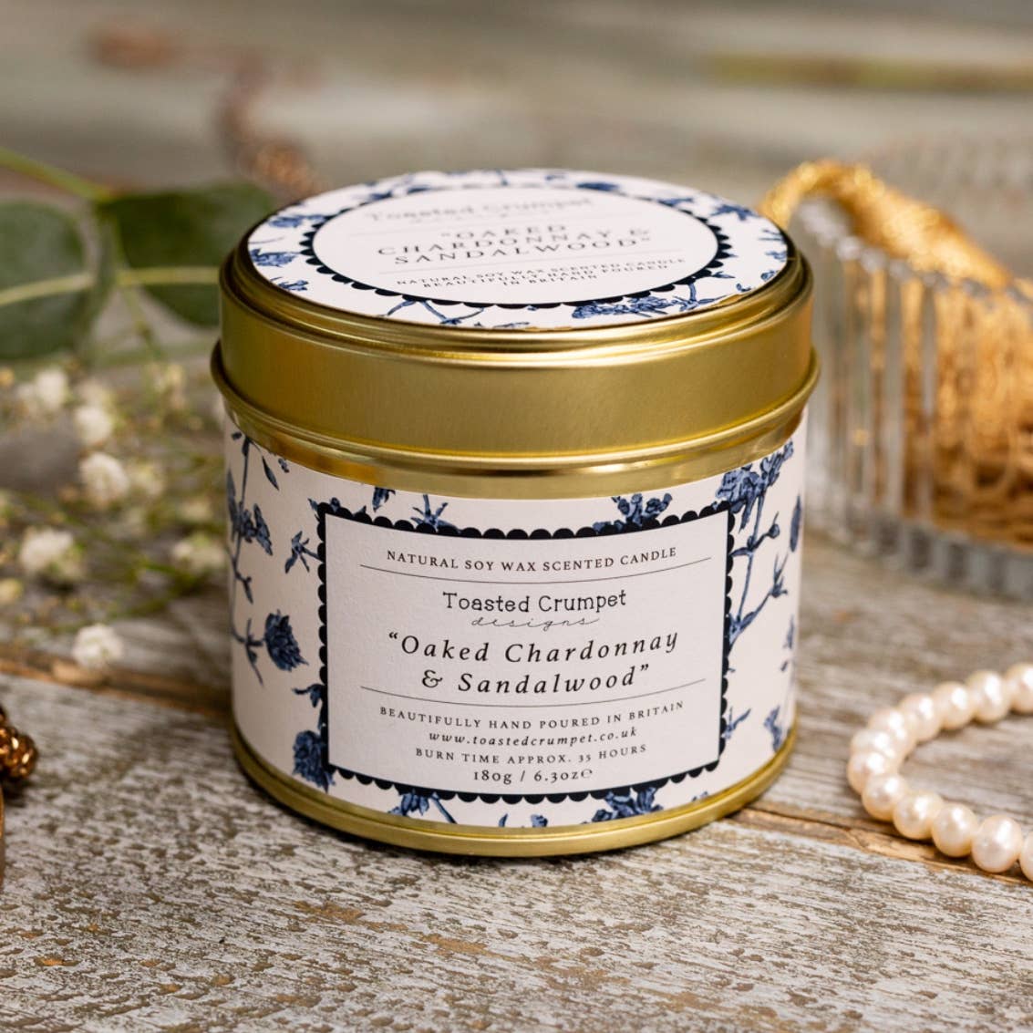 Oaked Chardonnay & Sandalwood Candle in a Matt Gold Tin