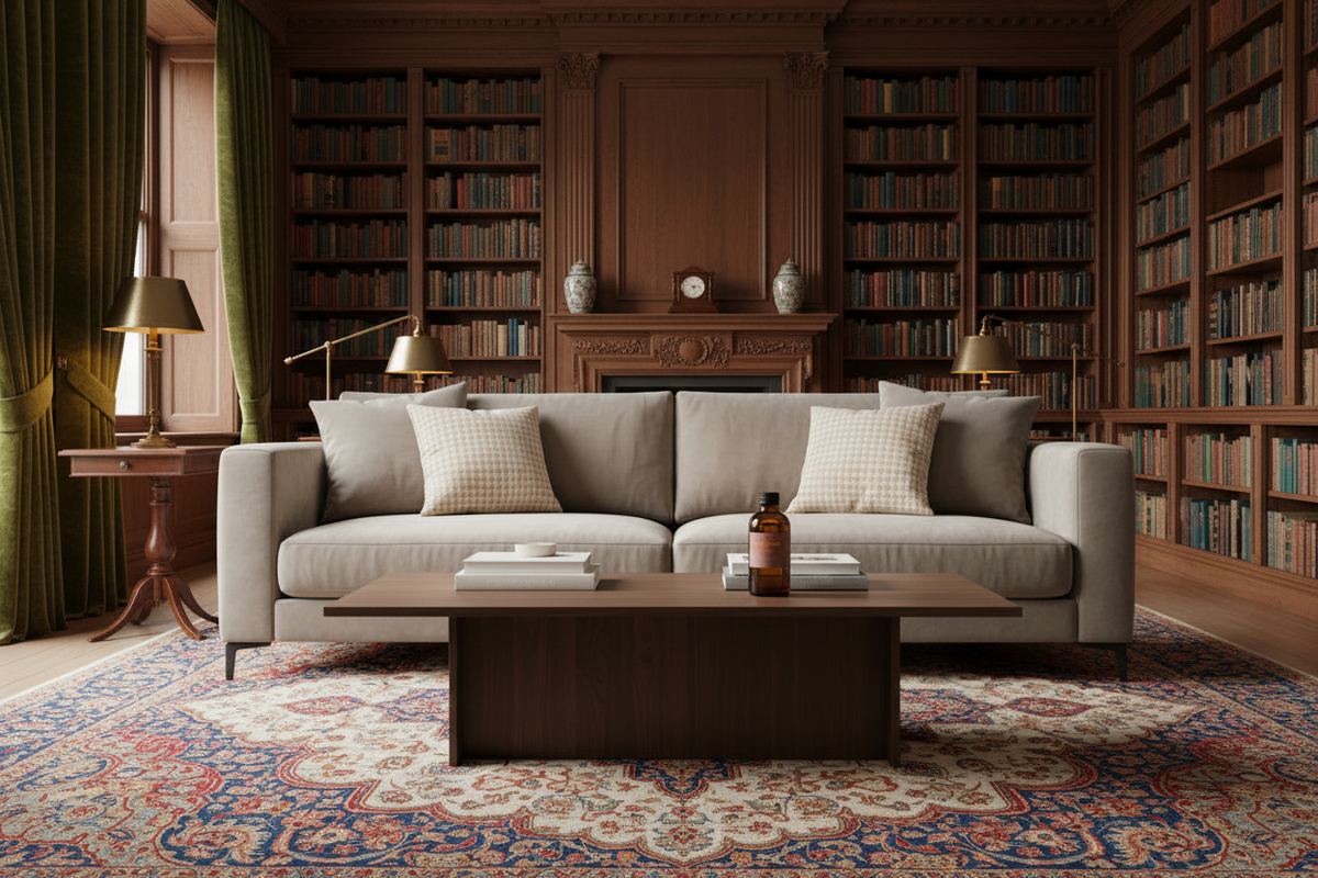 A modern light gray fabric sofa with two cream throw pillows, set in a classic wood-paneled library room with a dark wood coffee table, patterned rug, and bookshelves.