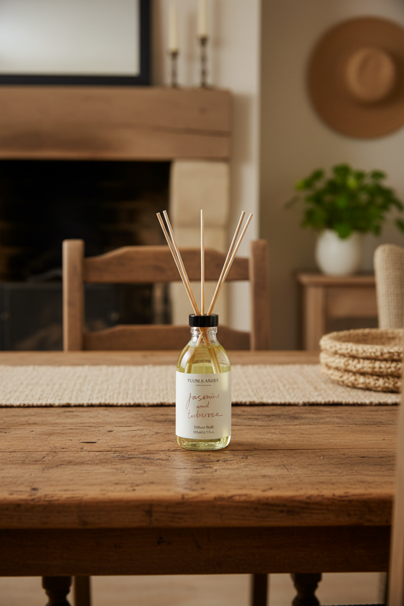 A reed diffuser bottle with a black cap and natural wood reeds sits on a rustic wooden dining table in a warm, cozy living room setting with a fireplace and chairs in the background.