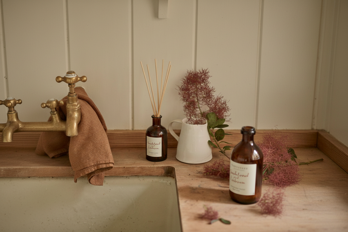 Two amber glass reed diffuser bottles with white labels on a wooden countertop next to a sink, styled with a brown towel, brass faucet, white pitcher with dried pinkish flowers, and scattered dried flowers.