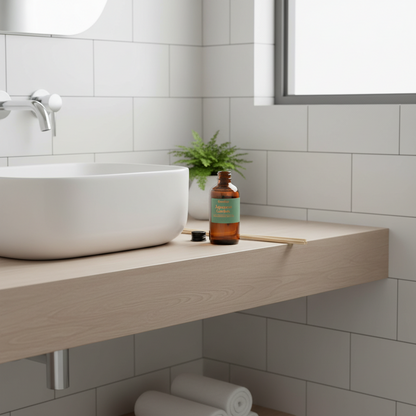A modern bathroom scene with a white vessel sink, light wood floating vanity, white subway tiles, a small green plant, and an amber bottle with a mint label on the counter.