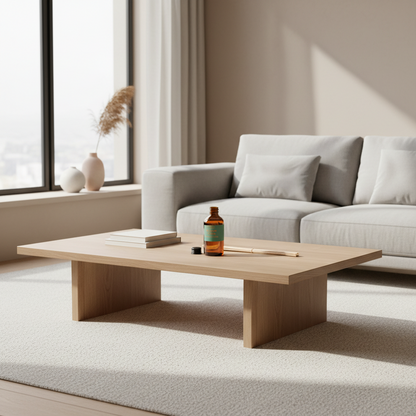 A minimalist light wood coffee table in a bright, modern living room with a light gray sofa, a textured rug, and a large window.