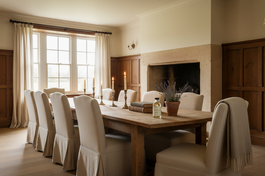 A rustic wooden dining table surrounded by cream-colored upholstered dining chairs in a warm, traditional dining room with a stone fireplace and tall windows.