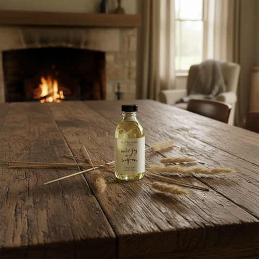 A small clear bottle of fragrance oil with a white label and black cap, placed on a rustic wooden table in a cozy living room with a burning fireplace in the background.