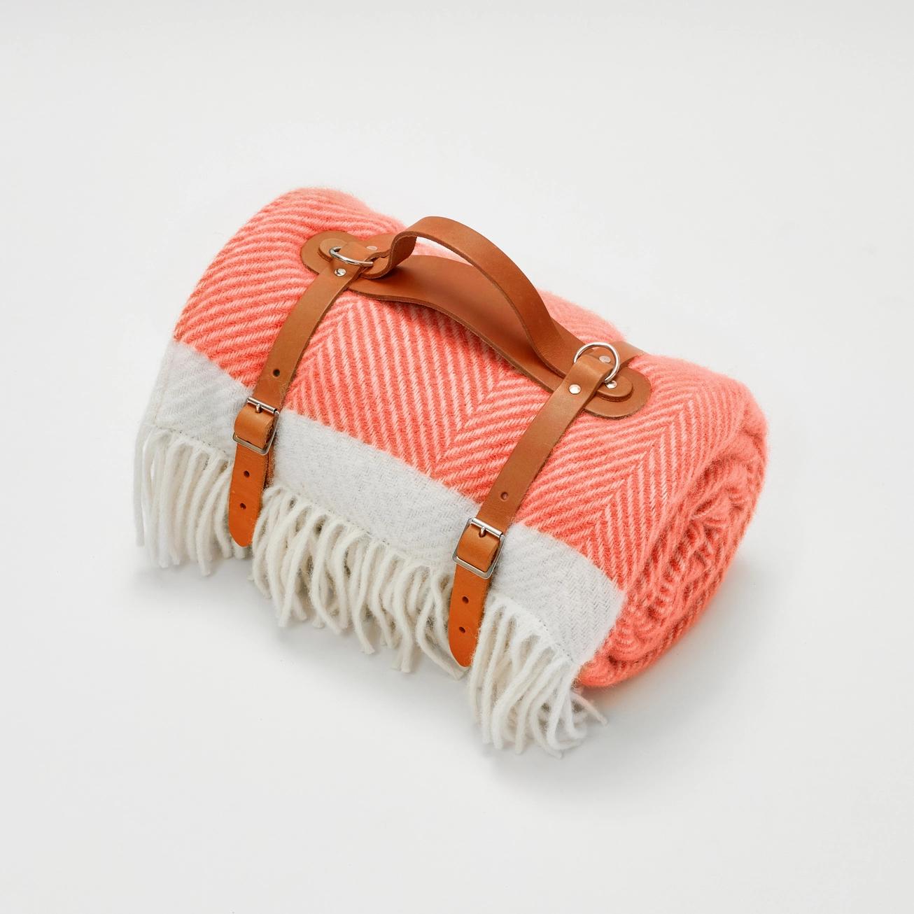 Herringbone Wool Picnic Blanket Coral