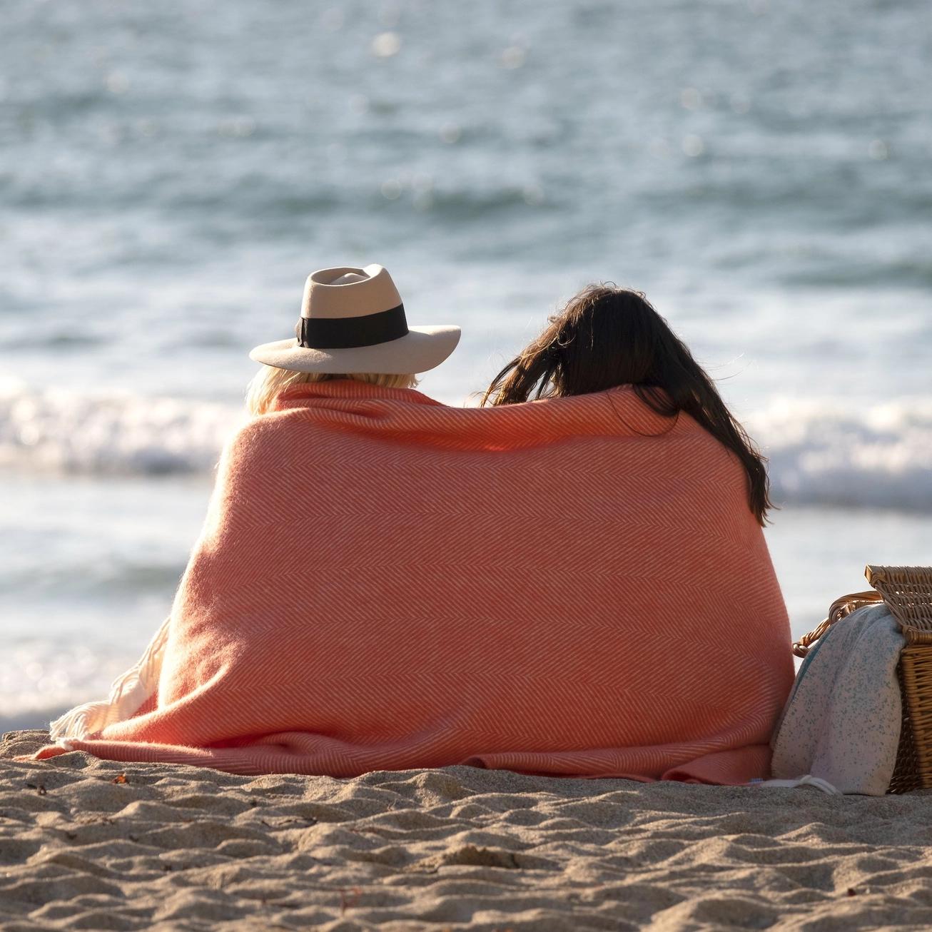 Herringbone Wool Picnic Blanket Coral