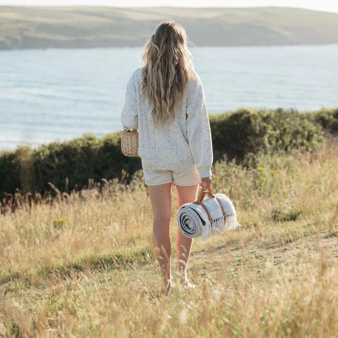 Herringbone Wool Picnic Blanket Gull Grey