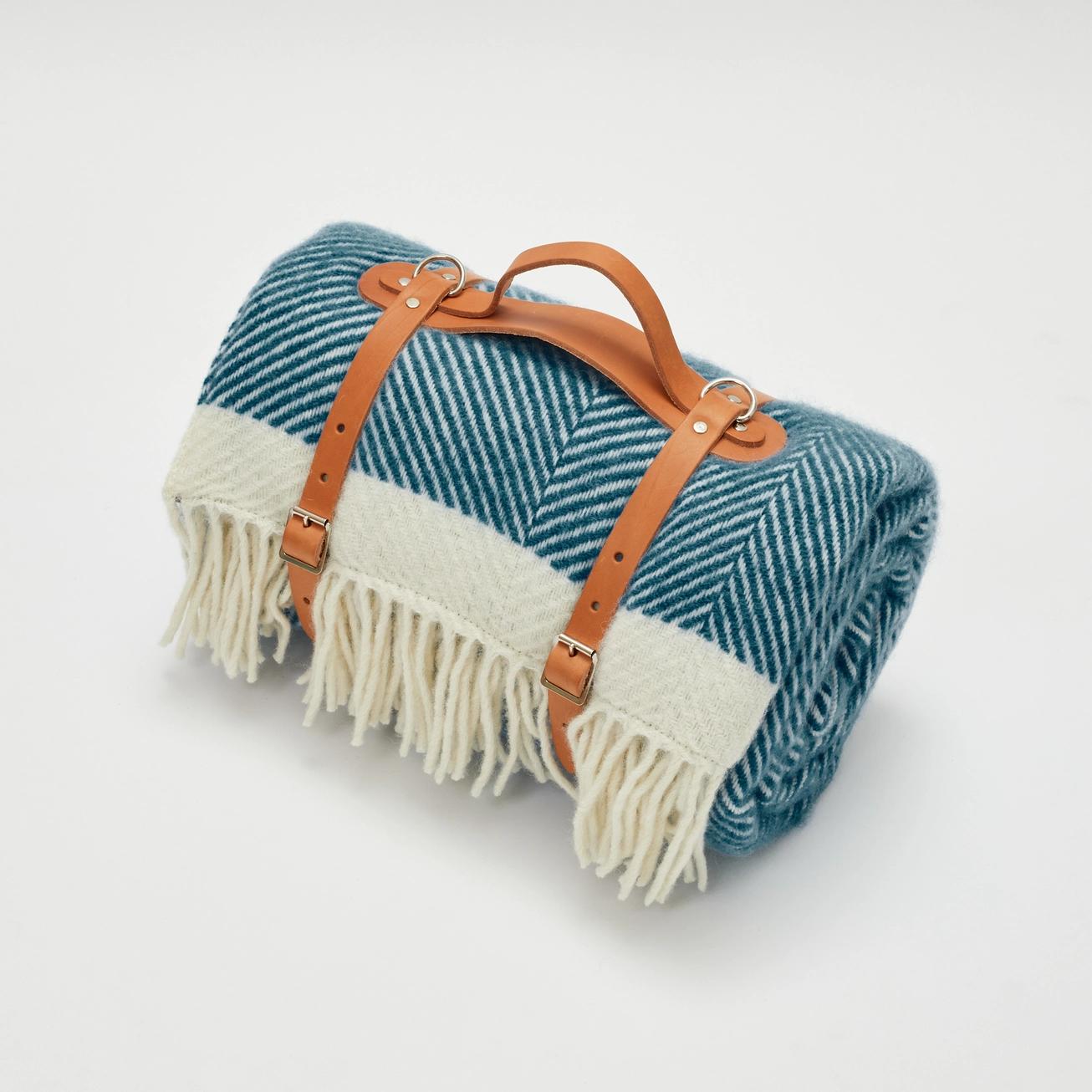 Herringbone Wool Picnic Blanket Sailor Blue